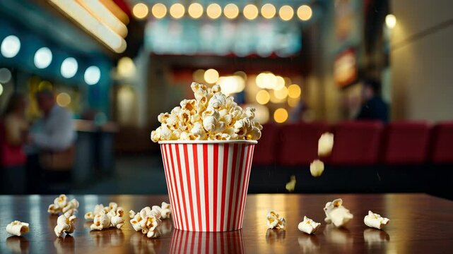  video of striped red and white bucket of popcorn on background of cinema, movie theater, food, snack, entertainment, corn