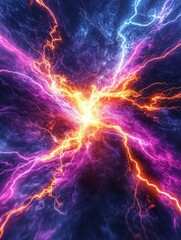 Obraz premium Energetic Burst of Lightning in Dark Blue with Vibrant Orange and Yellow Bolts on Ethereal Background.