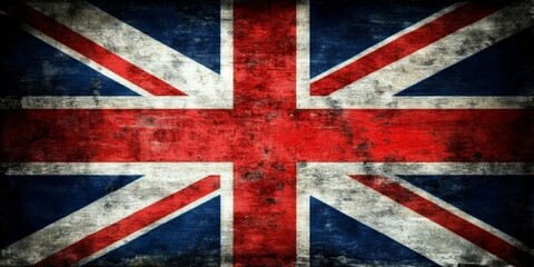 Fototapeta premium Union Jack Flag of the United Kingdom of Great Britain in Close-up, Rectangular Shape, Dark Blue Background, Grungy Distressed Appearance.