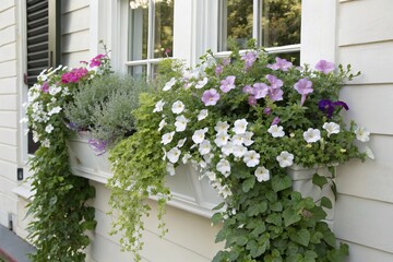 Fototapeta premium A window box planter filled with a vibrant climbing plant in shades of white and pastel colors, spilling over the edges, balcony furniture, climbing plant, flower arrangement, trellis design