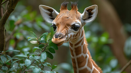 Obraz premium A baby giraffe curiously reaching for leaves on a low-hanging tree branch