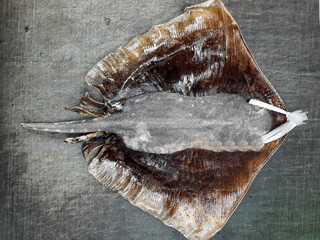 A dried ray fish, flat and wide, with its fins spread out, shows a smooth texture and light brown color. © Magdalena