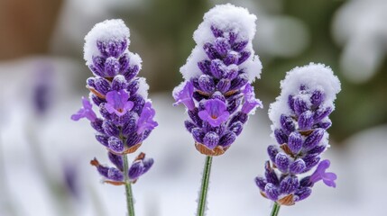 Obraz premium Snow Covered Lavender Flowers Winter Scene