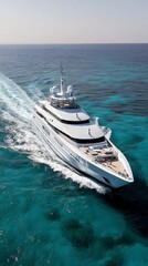 Fototapeta premium Luxury Yacht on the Open Sea: A pristine luxury yacht cutting through the turquoise waters, leaving a trail of white wake, showcasing the epitome of opulence and maritime travel.