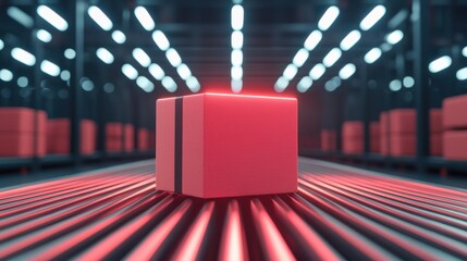 A glowing red package sits on a conveyor in a modern warehouse, illuminated by overhead lights, highlighting a futuristic logistics environment.