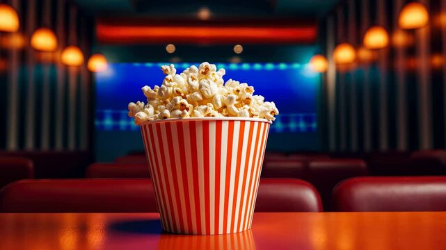  video of striped red and white bucket of popcorn on background of cinema, movie theater, food, snack, entertainment, corn