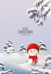 Merry Christmas and Happy New Year greeting cards vector illustration design. Christmas background with snowman, trees, balls, stars, lights for banner, cards, poster, cover.