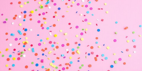 Colorful confetti scattered across a vibrant pink background with delicate, swirling patterns of light and shadow, falling, bright