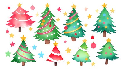 Obraz premium Colorful Watercolor Christmas Trees Festive Holiday Decorations against a white backdrop. Various colors and styles create a festive scene.