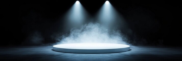 Mysterious Stage Set with Illuminated White Platform and Foggy Spotlights on Black Background