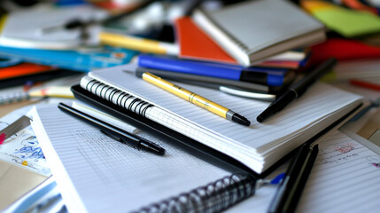 Close-Up of Stationery Items Spread Across a Table Featuring Notebooks, Pens, and Highlighters in a Creative Workspace Environment