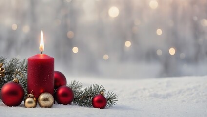 A blank greeting card featuring magical golden bokeh lights and space for text for your Christmas Advent greeting card or advertisement, featuring a red candle in a winter snow landscape