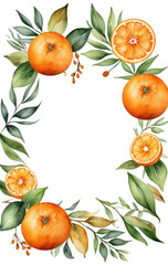 Watercolor Orange Frame with Leaves, perfect for cookbook, restaurant menu