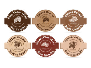 Six different cocoa candle labels showcasing unique scents for a cozy atmosphere