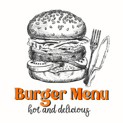 Burger illustration for food restaurant and market truck on vintage background.