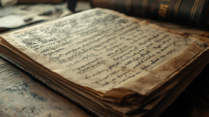 Obraz premium Vintage handwritten manuscript on aged paper, showcasing intricate calligraphy and historical documents spread across a rustic wooden table setting