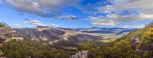 Naklejka premium Expansive valley view in Blue Mountains with dense forest, dramatic cliffs, and dynamic clouds