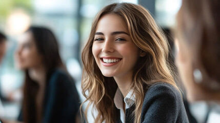 Obraz premium Smiling Young Woman with Long Wavy Hair in a Modern Café Setting Engaging in Conversation with Friends and Enjoying a Light Moment