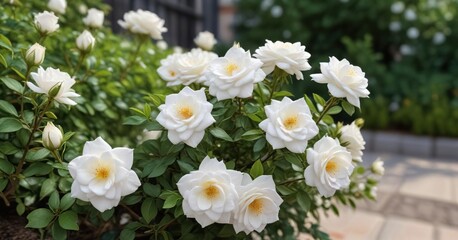 Fototapeta premium Close-up of white small bush roses in a garden, gardening, greenery, vibrant