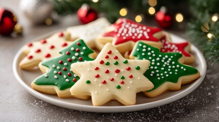 Obraz premium A plate showcases vibrant Christmas cookies, artfully decorated in red, green, and white, perfect for holiday gatherings and sweet treats during the festive season