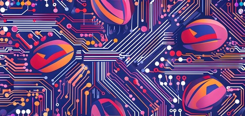 vibrant mix of abstract circuitry intertwined with rugby balls, representing AI role in personalized sports training