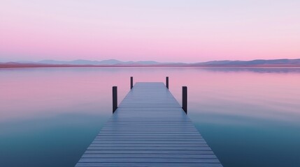 Obraz premium A serene wooden pier extends into calm waters, reflecting soft pastel colors of dawn, creating a tranquil and picturesque landscape.