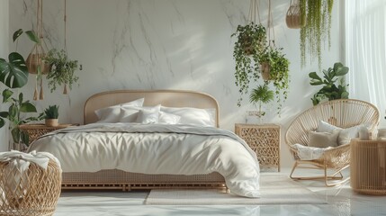 A serene, luxury bedroom with a king-size bed, rattan furniture, and a collection of hanging plants. Soft textiles and elegant finishes make the space feel both modern and timeless marble floor.