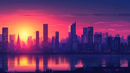 Naklejka premium Urban Skyline at Sunset with Glowing Buildings and Reflections