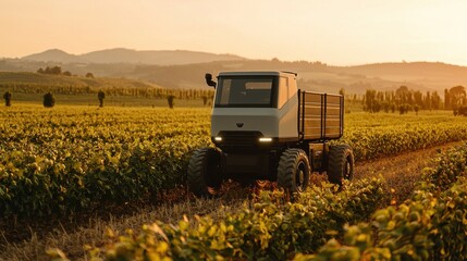 A modern agricultural vehicle navigates through lush green fields at sunset, showcasing advanced farming techniques and technology.