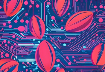 vibrant mix of abstract circuitry intertwined with rugby balls, representing AI role in personalized sports training