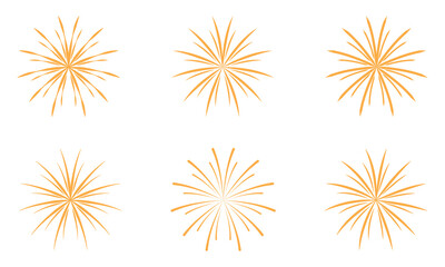 Set of golden fireworks in flat style. Isolated vector illustration, design elements for posters, cards, banners.