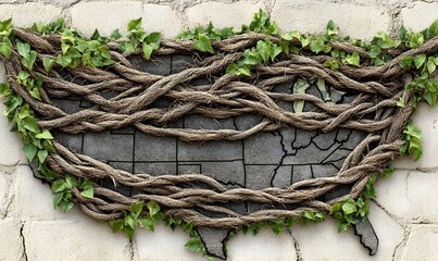 USA map crafted from vines and ivy on a stone wall.