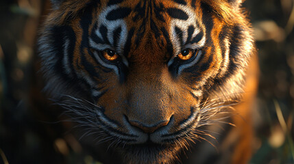 Obraz premium A close-up of a tiger face, its piercing eyes and whiskers highlighted in soft jungle light