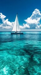 Fototapeta premium Sailboat on Turquoise Waters: A lone sailboat with crisp white sails glides across the turquoise waters of a tropical paradise, framed by fluffy white clouds against a vibrant blue sky.