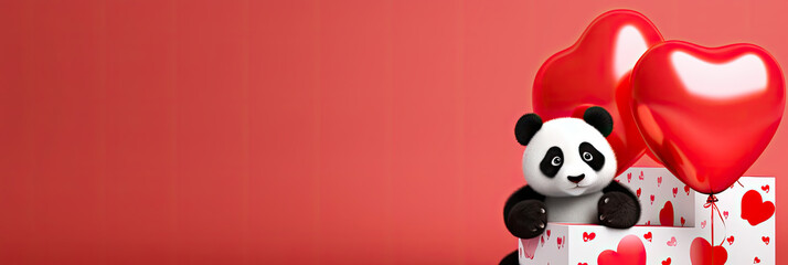 Fototapeta premium Adorable panda bear with gif box and red heart shaped balloons. Valentine’s Day holiday, Women's Day design concept.