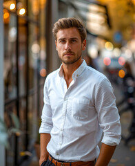 Fototapeta premium A man in a white shirt is standing on the street
