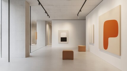 Fototapeta premium Modern Art Gallery Interior: Minimalist art gallery interior design showcasing modern abstract paintings and simple cubic stools against clean white walls and floors.