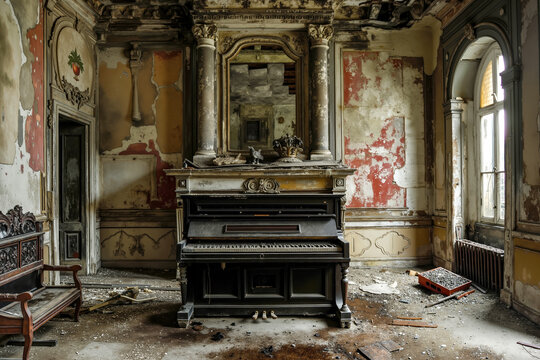 A piano in an abandoned room with peeling paint on the walls