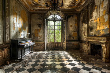 A piano sits in an abandoned room with a checkered floor