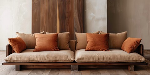 Wooden Sofa with Orange Cushions