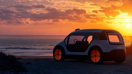 Naklejka premium Sunset Drive: A modern vehicle sits at the edge of the beach, its design echoing the horizon's golden glow, a promise of adventure under an expansive sky.