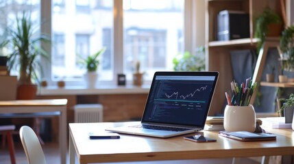 Fototapeta premium A sleek laptop displays a dynamic stock market graph, symbolizing the pulse of modern business and finance. Sunlight streams through a large window.