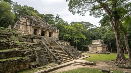 In the heart of a dense forest lies an ancient stone structure with intricately carved wooden ladders and planks leading through its crumbling walls., ancient, maze, wood, passage