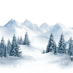 snowy mountain scene with pine trees isolated on transparent background