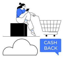 Woman seated on box using mobile phone, shopping cart beside her, cash back message and cloud below. Ideal for e-commerce, online shopping, discounts, marketing, sales, rewards digital purchases