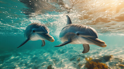 Fototapeta premium A dolphin mother swimming alongside her calf, with crystal-clear ocean waves shimmering above
