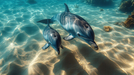 Fototapeta premium A dolphin mother swimming alongside her calf, with crystal-clear ocean waves shimmering above