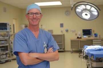 Obraz premium Doctor man standing of operation room wearing surgical scrubs..