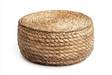 Round woven stool made from natural fiber featuring a rustic and textured design
