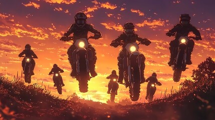 Fototapeta premium Silhouette of Motocross Riders Leaping Over a Hill at Sunset.